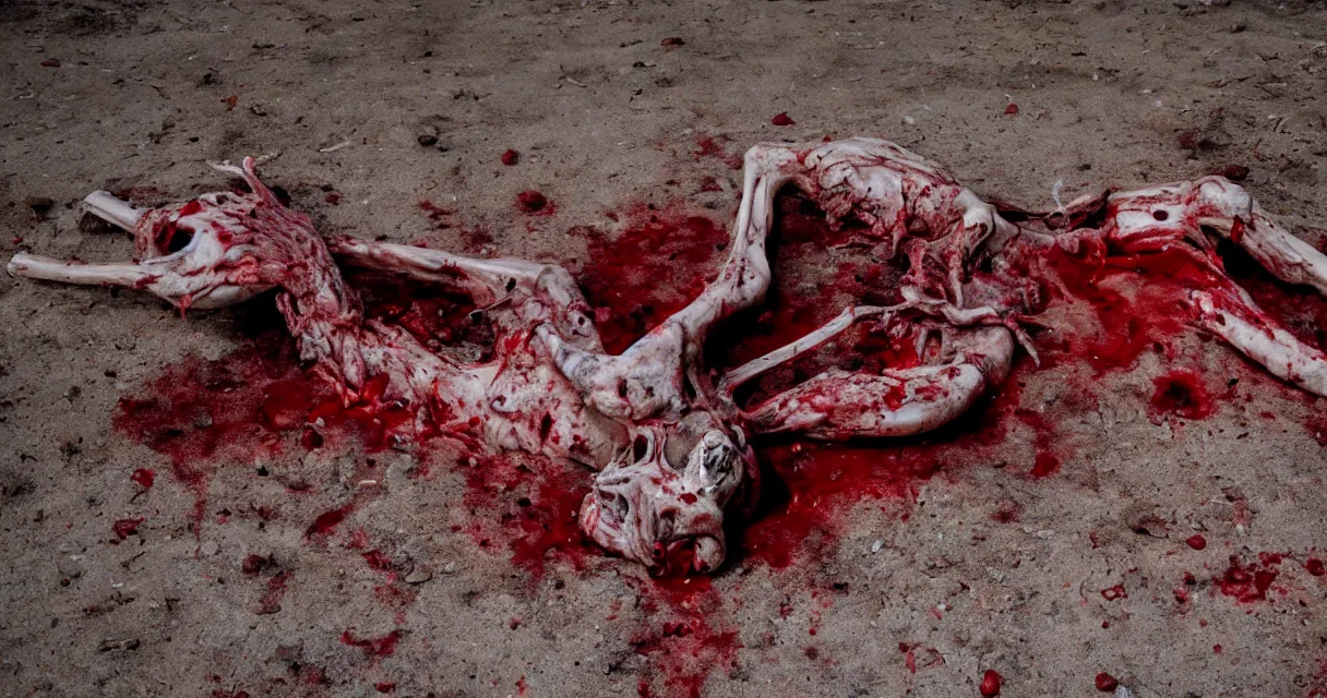 Image similar to in the desert a bloody gross horrifying The Thing creature made of muscle and bone and blood stares at the camera, eating, there is a pool of blood on the ground, mid day, 35mm photography, realistic,