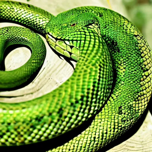 Image similar to a green serpent snake, viper, green mamba, snake in a tree