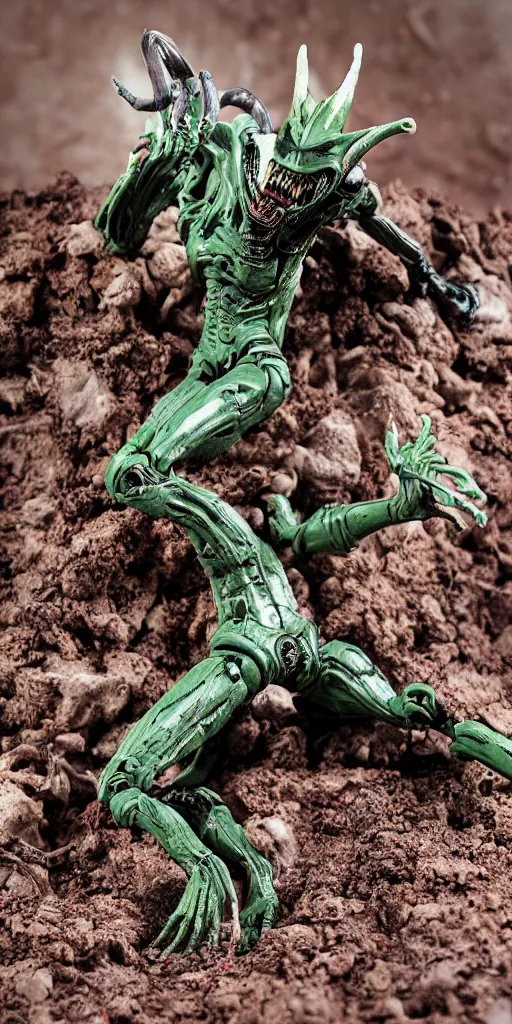 Prompt: bootleg figure of a plastic xenomorph diorama crushed on the ground surrounded of dirt and moss secondhand, mcfarlane, figma, cursed photography