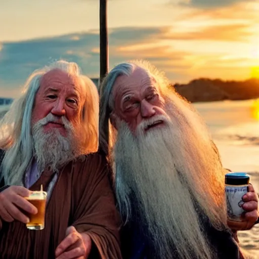 Prompt: gandalf and dumbledore having drinks on the beach watching the sunset