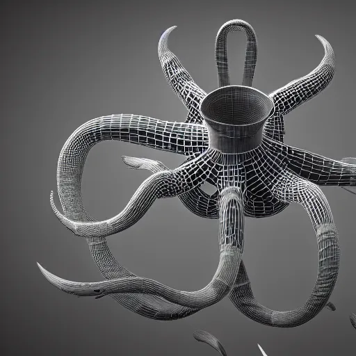 Prompt: complex floating abstract 3 d object in frontal view, ultra rendered extreme realism and detail, 8 k, highly detailed, realistic, pbr, oktane render, biomorphic, symmetrical, looks like a futuristic octopus,