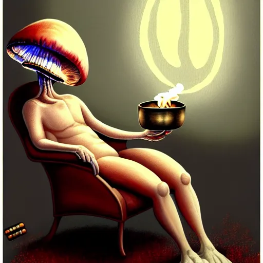 Prompt: painting of a mushroom alien sitting in a recliner by the fire smoking a pipe and wearing a soft robe and slippers, elegant intricate digital painting, trending on artstation, by normal rockwell