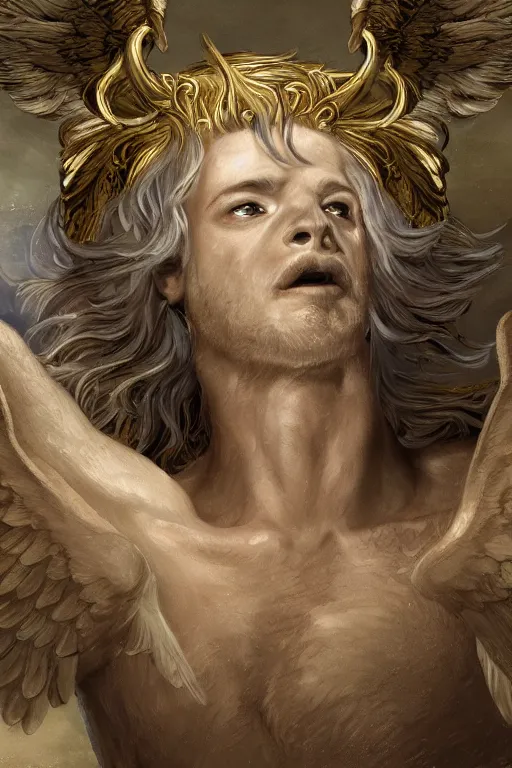 Image similar to God with a Chihuahua's head, a radiant halo and wings, detailed face, gorgeous, flowing hair, very muscular male body, partial anatomy, stormy and grand war scene, delicate and intricate borders for decoration, caesar victorious, proud Emperor, split lighting, character close-up, intricate, highly detailed, 8K, digital painting, fantasy, concept art, sharp focus, art by greg rutkowski beeple and alphonse mucha