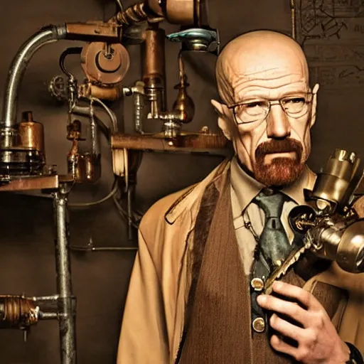 Prompt: studio photo of steampunk!!! walter white doing dangerous chemistry in a steampunk style