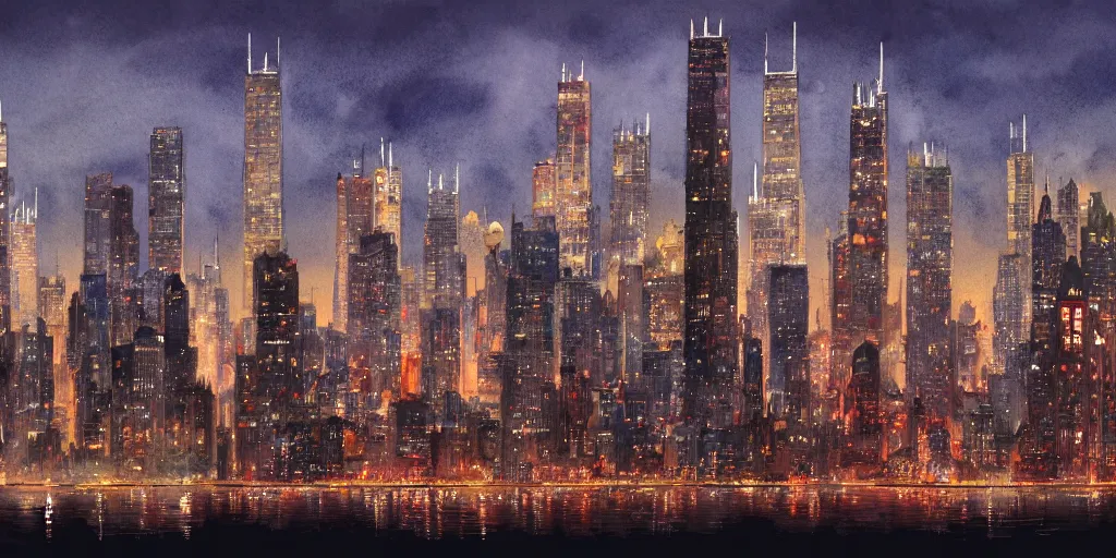 Prompt: cartoonish chicago city skyline in the night, vivid colors, character sheet, fine details, concept design, contrast, kim jung gi, greg rutkowski, watercolor, trending on artstation, 8 k, full body, turnaround, front view, back view, ultra wide angle