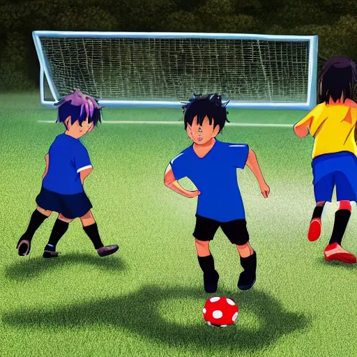 Image similar to kids playing soccer, anime