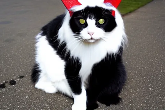 Image similar to a black and white cat dressed up as queen elizabeth