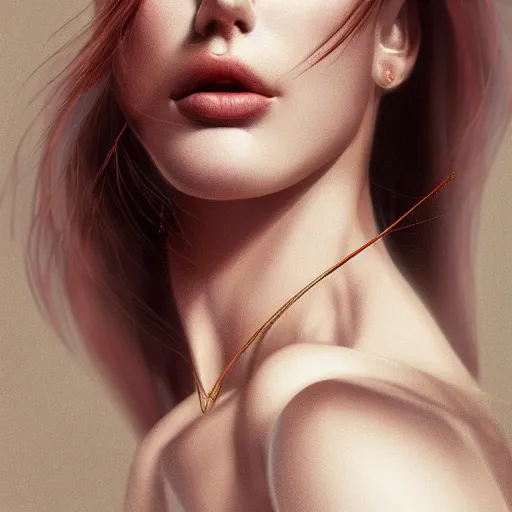 Image similar to Glamorous Runway Model, long fan blown dark reddish hair, tight bone structure, olive skin, intricate, elegant, highly detailed, hanging nose jewelry, octane render, photorealistic, smooth, depth of field blur, illustration, art by James Jean