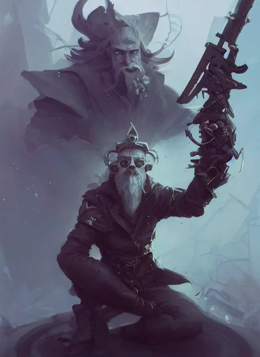 Image similar to low angle picture of a weapon master, holding a ego weapons to the camera, long black jacket, neat white beard and hair, scar on the eye, bored, tired, ego weapons all over the floors, smoking with squat down pose, highly detailed face, deep eyes, intricate, masterpiece, fantasy illustrations by peter mohrbacher and anato finnstark and jeremy lipking