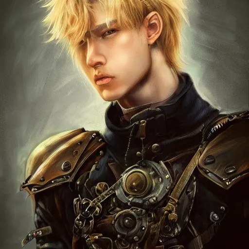 Image similar to portrait of a man by ayami kojima, norwegian, he is about 2 0 years old, blond short hair, tall and strong, older brother vibes, he is wearing a steampunk tactical gear, highly detailed portrait, digital painting, artstation, concept art, smooth, sharp foccus ilustration, artstation hq