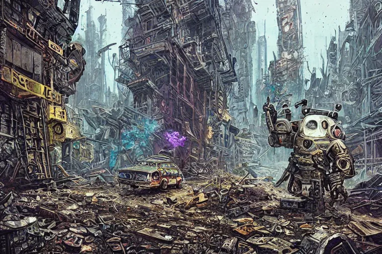 Prompt: colorful retrofuturistic power armor in post apocalyptic ruins of New York City by Joe Fenton and Greg Rutkowski