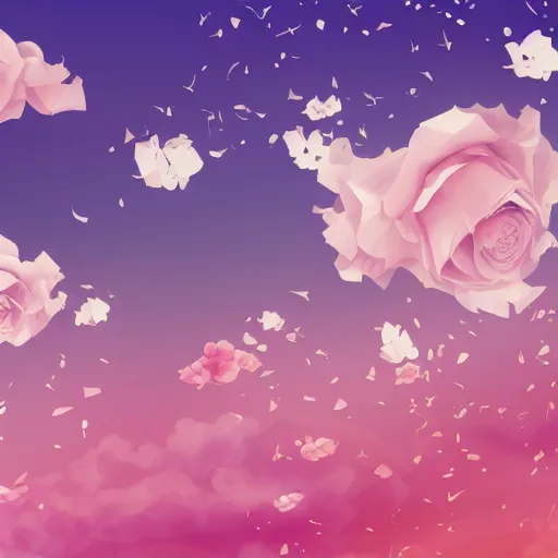 Prompt: background art of spaciously scattered flower petals flowing and floating through the blowing swirling directional wind from left to right on a simple cloudy sky background, big puffy clouds, large individual rose petals, angular background elements, polygonal fragments, anime, artgerm, manga, trending on artstation, art nouveau, mature color scheme