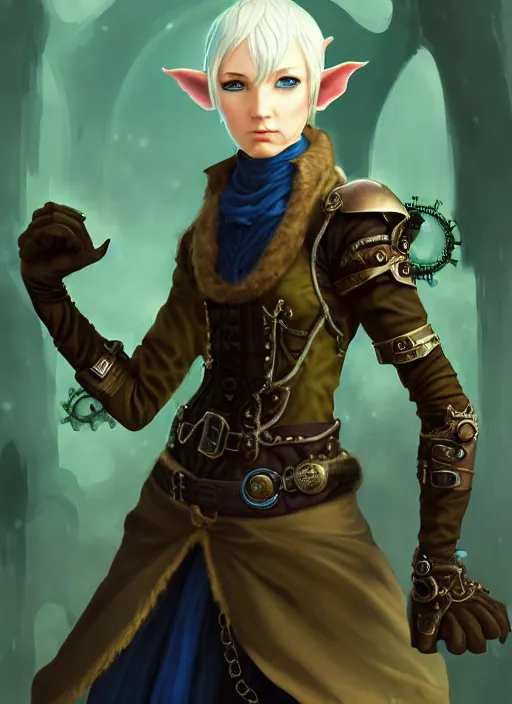 Prompt: character portrait of young female elf, fisting monk, massive steampunk hands, blue skintight closed longcoat, brown bob haircut, green eyes, white skin, high fantasy, highly detailed, steampunk, akihiko yoshida, james jean andrei riabovitchev marc _ simonetti, yoshitaka amano