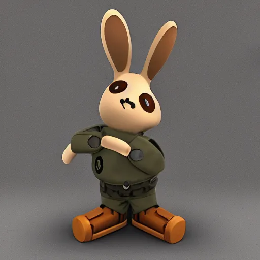 Image similar to woodland bunny emoji, resistance, antropomorphic, guerilla soldier, helmet, 3 d rendition