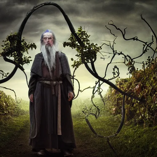 Image similar to the evil ian mckellen as gandalf in a dark viking hood playing odin all father crafting the plant of life with vines, the ethereal colourful universe in the background, highly detailed, cinematic shot, cinematic lighting, 8 k, exquisit facial detail, magical realism painting, chiaroscuro, dark painting.