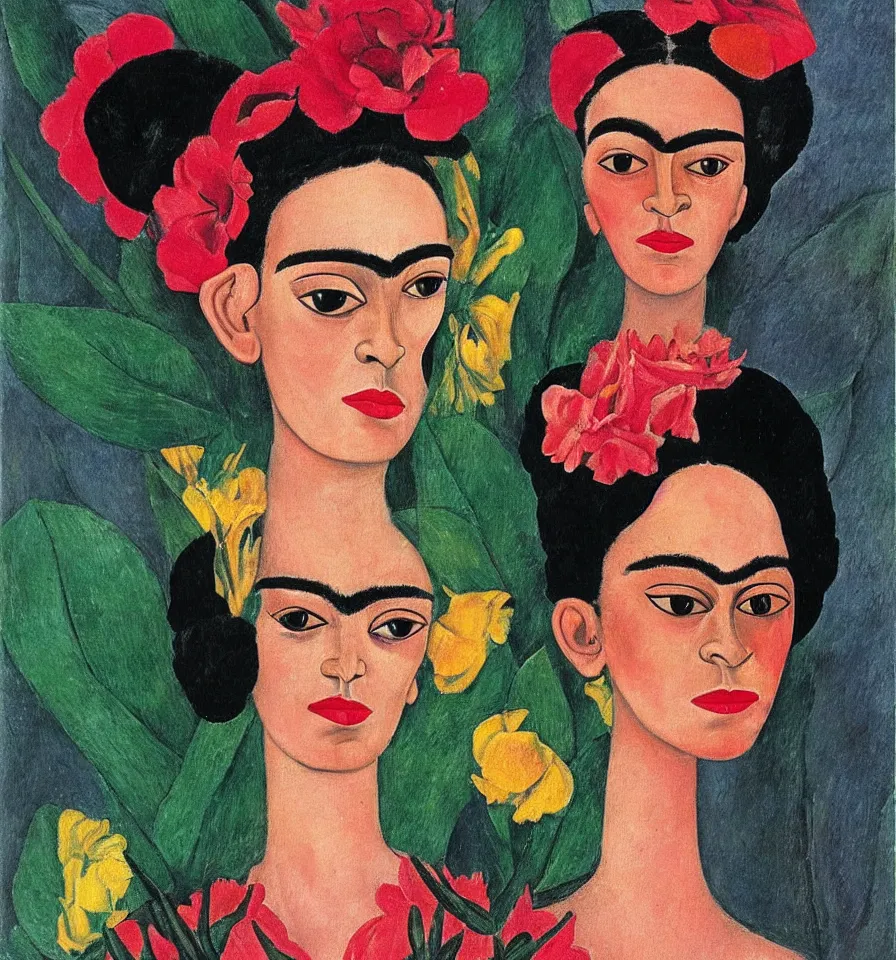 Image similar to a female elf transforming into a flower frida kahlo and alexej von jawlensky