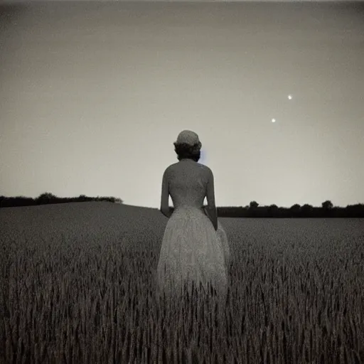 Image similar to the lonely bride in the wheat field at night, southern gothic, photograph by diane arbus, bayou