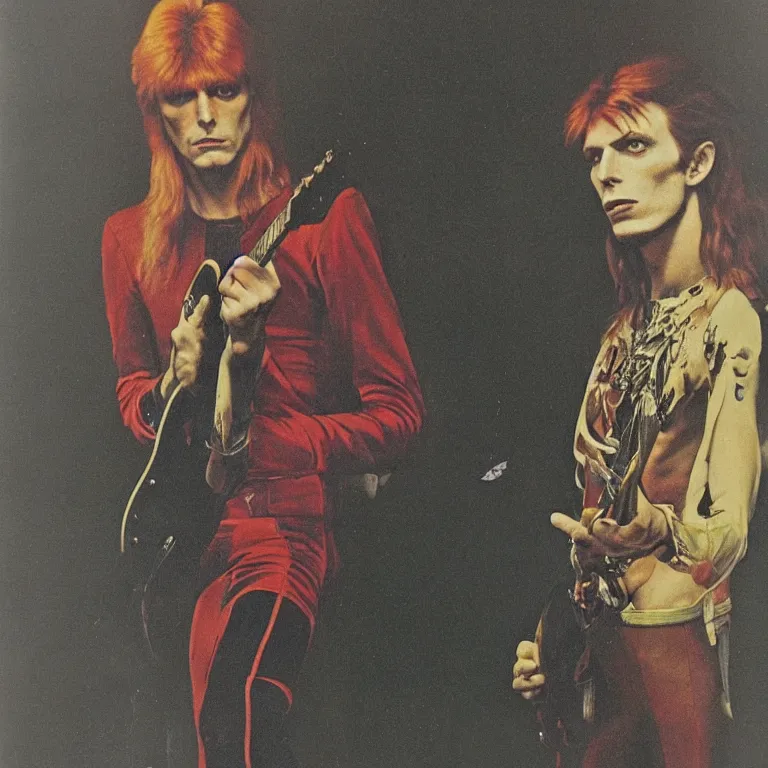 Image similar to Pre-Raphaelite portrait of 1970s David Bowie, ziggy stardust playing flying V guitar, single lighning strike in background. Flash Gorden