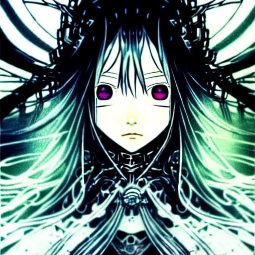 Image similar to Yoshitaka Amano blurred and dreamy illustration of an anime girl with wavy white hair and cracks on her face wearing Elden ring armour with the cape fluttering in the wind, abstract black and white patterns on the background, noisy film grain effect, highly detailed, Renaissance oil painting, weird portrait angle