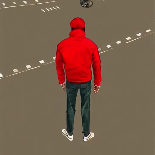 Image similar to man with a red jacket on a old highway walking toward a red futuristic racing motorbike, isometric view from behind, ink drawing, wide angle, ultra realistic, intricate details, ultra detailed, sharp focus, trending on artstation, art by artgerm and greg rutkowski