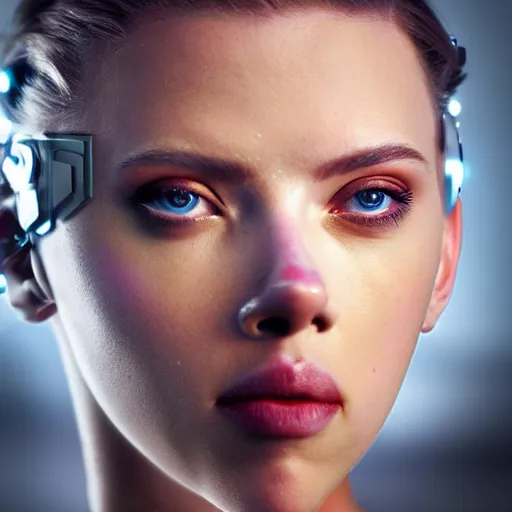 Image similar to a cyborg looking like scarlett johansson, sensual, beautiful soft light failling on her face, studio photography, nikon 3 5 mm portrait photography, ultra realistic