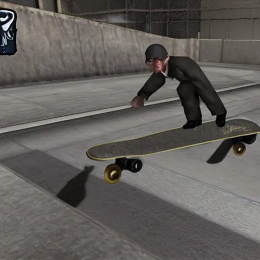 Image similar to 'adolf hitler skatboarding in tony hawks pro skater 2, warehouse level, realistic, dramatic'