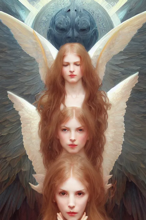 Image similar to Portrait of beautiful pale demonic angelic girl with devil\'s horns and nimbus, cinematic lighting, intricate, elegant, highly detailed, digital painting, artstation, smooth, sharp focus, illustration, art by artgerm and greg rutkowski and alphonse mucha and Wayne Barlowe and william-adolphe bouguereau