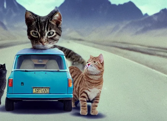 Image similar to A very high resolution image from a new movie, a cat driging around, inside of a car , mountains, Polaroid, directed by wes anderson