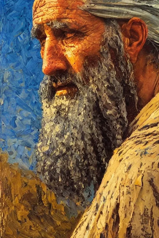 Prompt: highly detailed palette knife oil painting of a historically accurate depiction of the ancient biblical israeli man moses, thoughtful, by Peter Lindbergh, impressionistic brush strokes, painterly brushwork