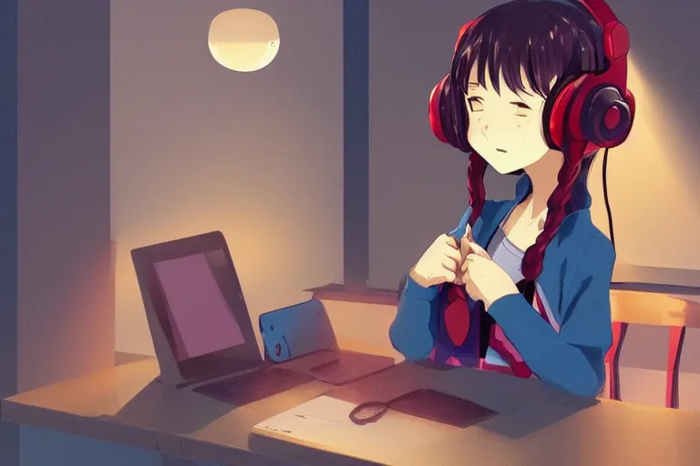 weak-caribou574: a girl [anime-style] using headphones, listenning lo-fi  music, picture for profile.