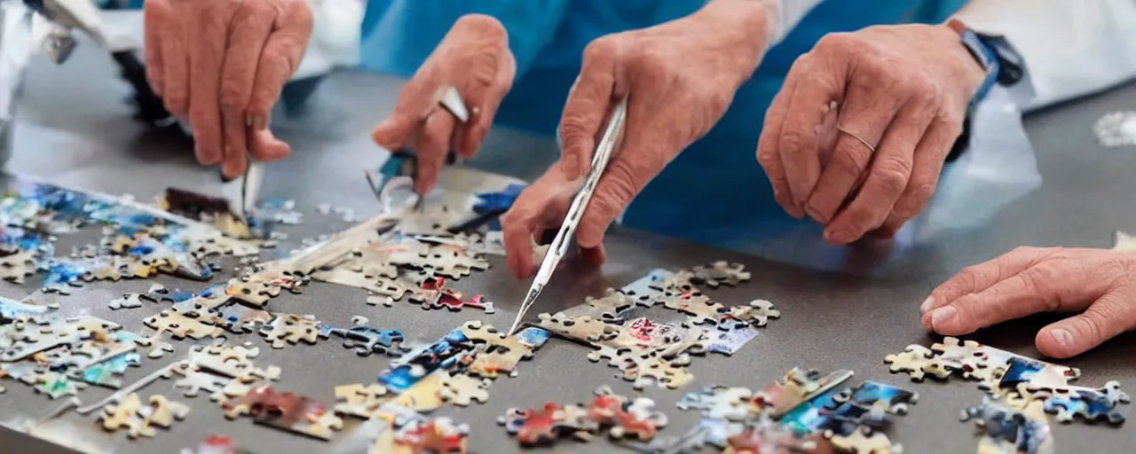 Image similar to a surgeon using a scalpel on a jigsaw puzzle on a table