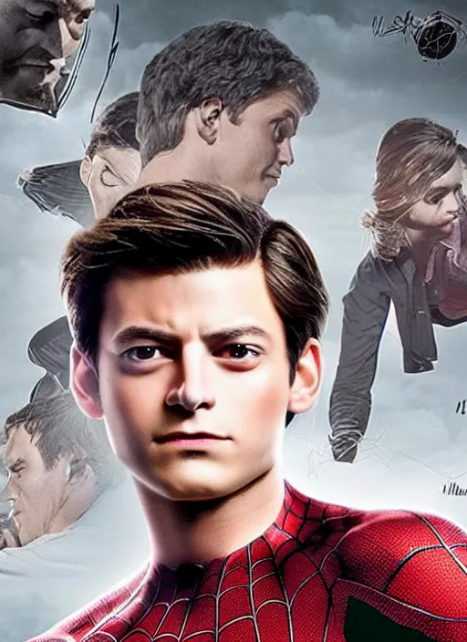 Image similar to very handsome peter parker looking at the camera with his spider suit removed to his waist