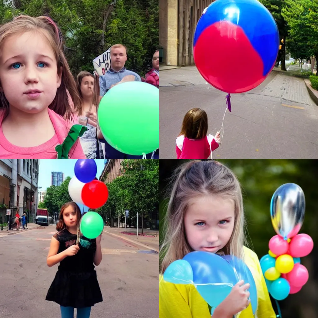 Prompt: Girl holding a balloon that lokes like Alex Jones' face
