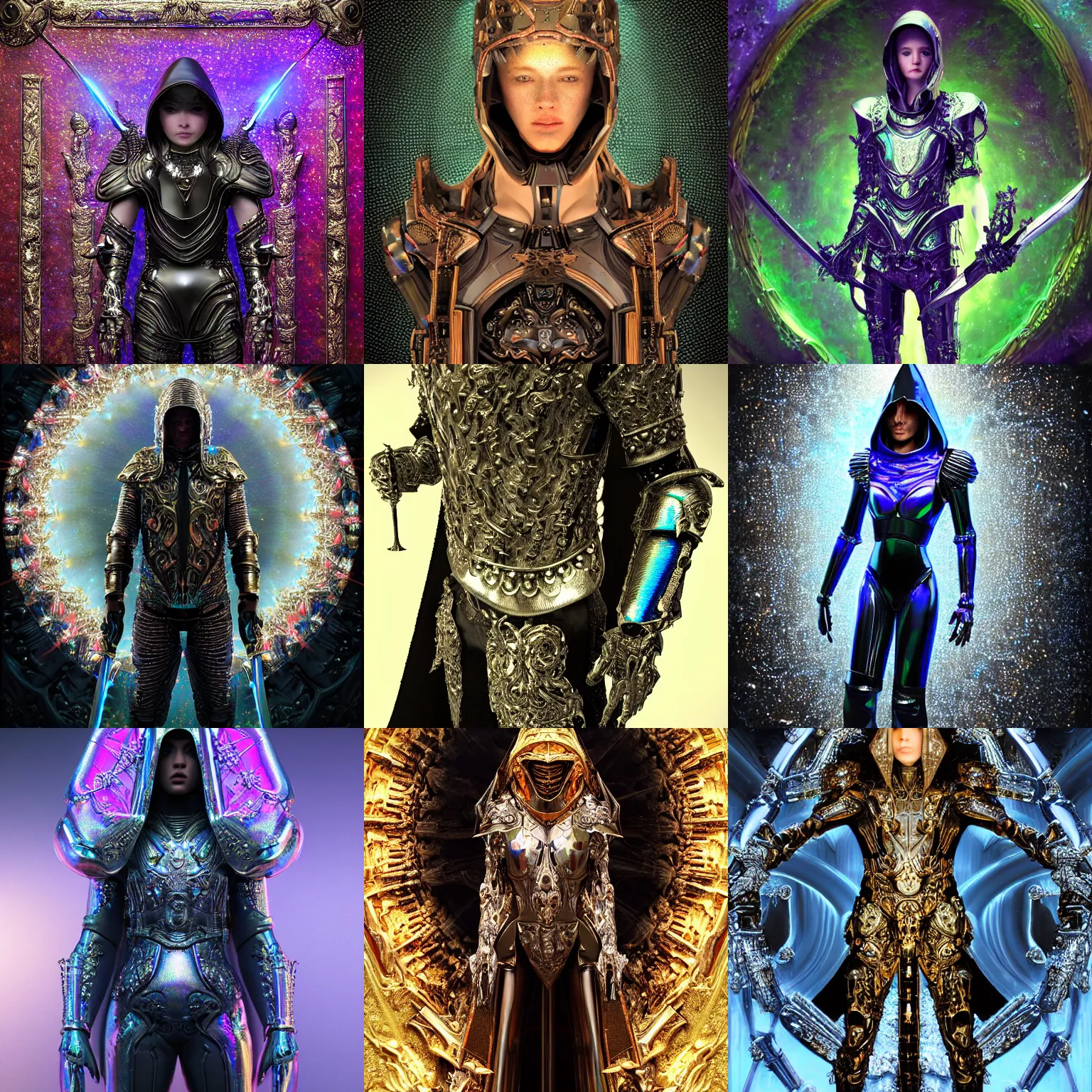 Prompt: Realist highly intricate dark iridescent detailed subtle epic baroque painting of a powerful attractive hooded elite divine royal omnipotent assassin being wearing body armor and brandishing a precious futuristic cosmic sword of vivid iridescent flame, realistic human face, realistic biomechanical complex torso encrusted in iridescent gleaming 3D render processor microchips, high quality, symmetry, rich style, iridescent smoke behind, crystallic megastructure background, galaxies, universe, artstation, iridescent, badass, galactic deity, dark ominous stealth, surrounded by rainbow dust specks, depth of field, vibrant, aetherpunk, award winning on artstation, artwork by artgerm