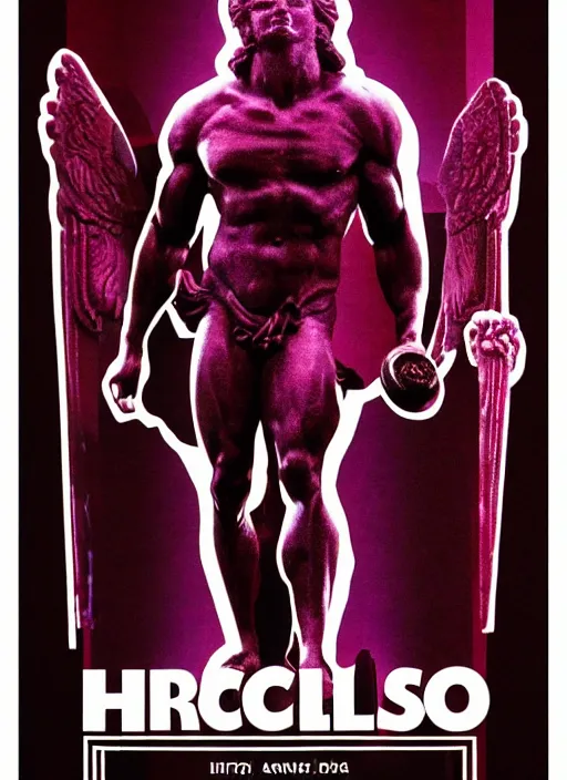 Image similar to design poster showing a statue of hercules, black background with very subtle red and purple design elements, powerful, nekro, vito acconci, thin straight lines, dark, glitch art, neo vaporwave, gritty, layout frame, square, trending on artstation