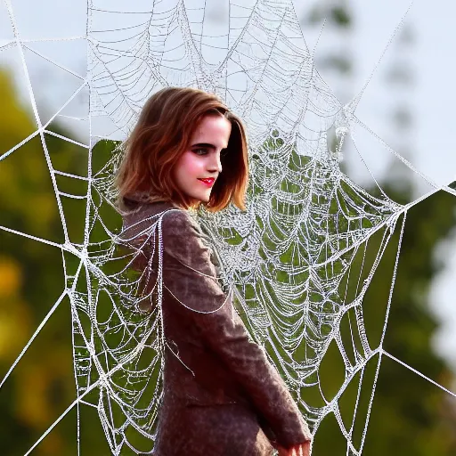 Image similar to emma watson trapped in a giant spider web