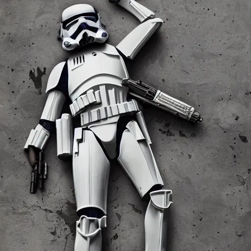 Image similar to war photography, the falling soldier, an imperial stormtrooper, zeroes in on the instant of death forever anticipated in the painting, etched into the public's mind, groundbreaking, breathtaking, awardwinning, by robert capa, digital intricate art, hyperrealist, detailed, 8 k, 3 5 mm, canon, extreme long shot