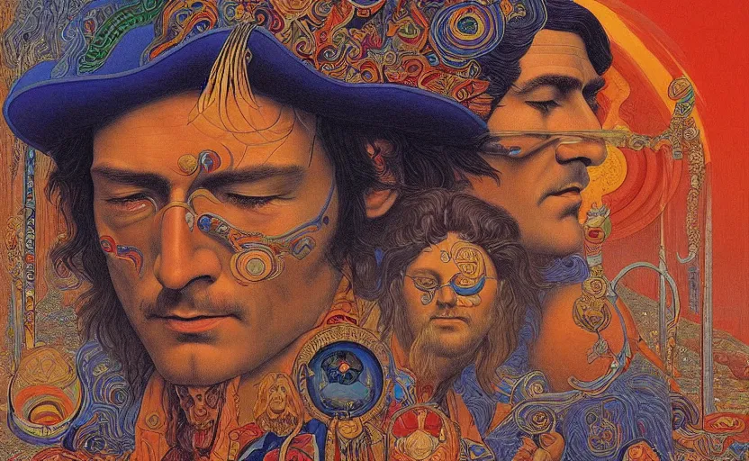 Prompt: an breath - taking jean giraud work of art of john lenon in the style of a renaissance masters portrait, mystical and new age symbolism and tibetan book of the dead imagery, intricately detailed, the beatles imagery, 4 k