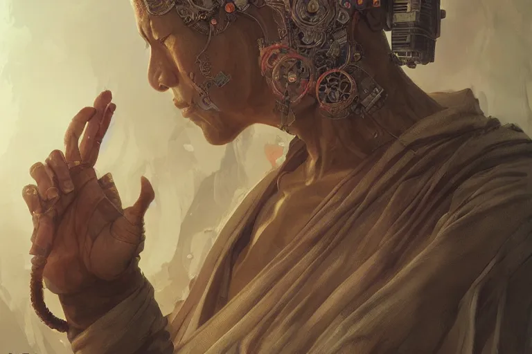 Prompt: Ultra realistic illustration, buddhist monk, cyberpunk, sci-fi, fantasy, intricate, elegant, highly detailed, digital painting, artstation, concept art, smooth, sharp focus, illustration art in the style of artgerm, by greg rutkowski, by albrecht durer,