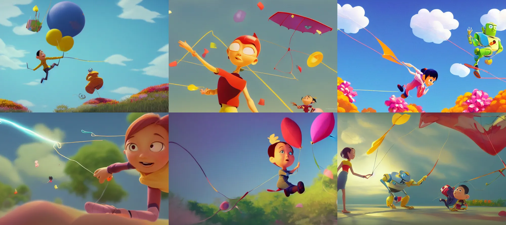 Prompt: animation key shot, color-key painting, bright bloom, bounce light, rough brush strokes, Daisuke Tsutsumi, Robert Kondo, mr roboto flying a kite, Pixar and Disney animation, cosy