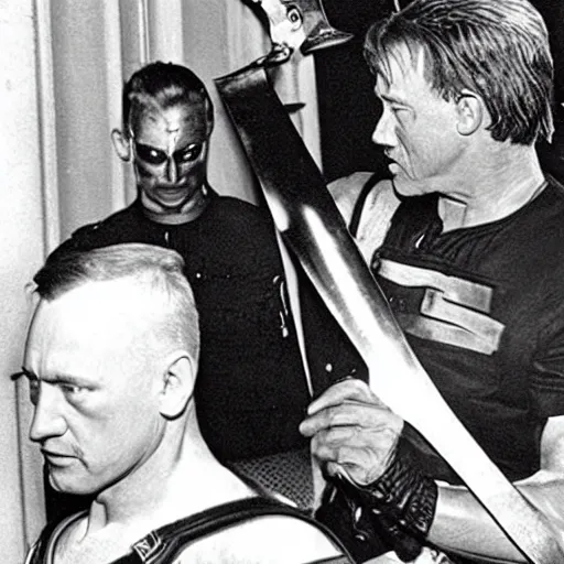 Image similar to hitler knighting schwarzenegger the terminator in a church