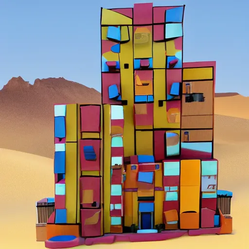 Image similar to big scale toy hotel in the dessert, 3 d cubism