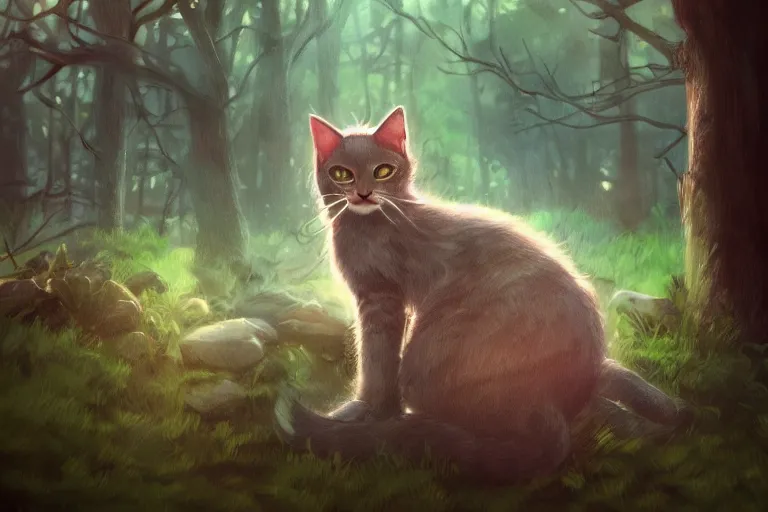 Image similar to a cat in a forest, backlighting, trending on artstation, furry art, by kawacy, warm lighting, digital art