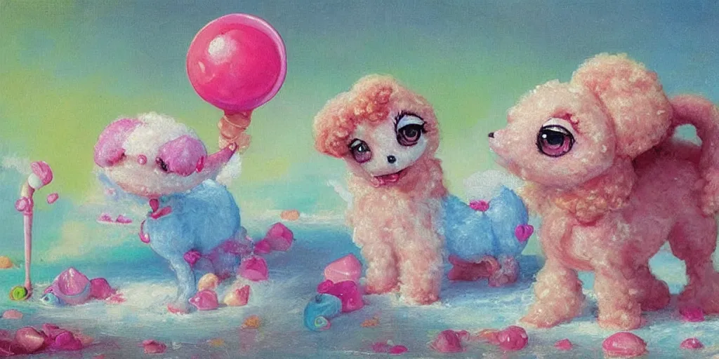 Prompt: bubble gum ice cream made in the shape of 3 d littlest pet shop poodle, realistic, melting, soft painting, forest, desserts, ice cream, master painter and art style of noel coypel, art of emile eisman - semenowsky, art of edouard bisson