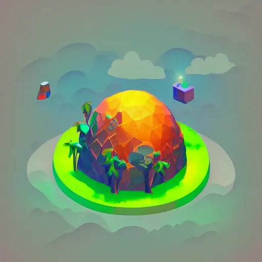 Image similar to isometric half sphere island on neon background, isometric invironment, 3d art, isometric art, amazing detail, artstation, concept art, behance, ray tracing