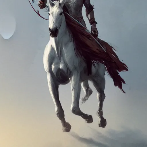 Image similar to a white horse The one who rode him carried arrows and a bow in his hand, and they gave him a crown, digital Art, Greg rutkowski Trending artstation