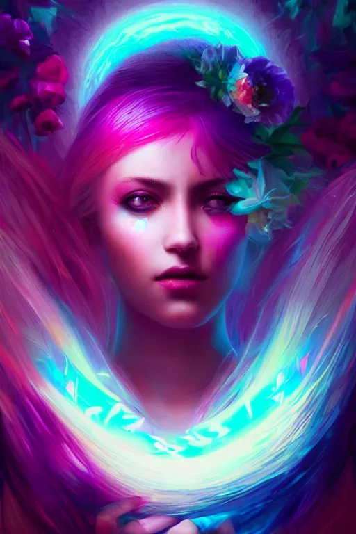 Prompt: a colorful and vibrant majestic open wide eyes white queen drops a tearwith flowers on her hair, glowing light orbs, intricate concept art, elegant, digital painting, smooth, sharp focus, ethereal opalescent mist, outrun, vaporware, cyberpunk darksynth, ethereal, ominous, misty, by charlie bowater, 8 k, rendered in octane