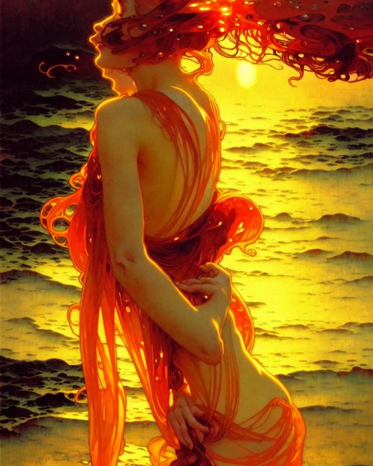 Image similar to sea of glossy liquid honey drops flowing like translucent amber, backlit, sunset, refracted lighting, art by collier, albert aublet, krenz cushart, artem demura, alphonse mucha