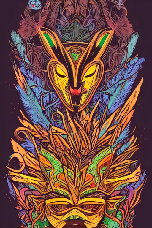 Image similar to animal mask totem roots flower tribal feather gemstone plant wood rock shaman vodoo video game vector cutout illustration vivid multicolor borderlands comics by josan gonzales and dan mumford radiating a glowing aura