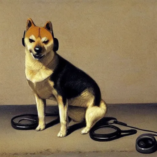 Prompt: a shiba inu with headphones ， realism, realist, 1 9 th century, gustave courbet ， - h 1 0 2 4